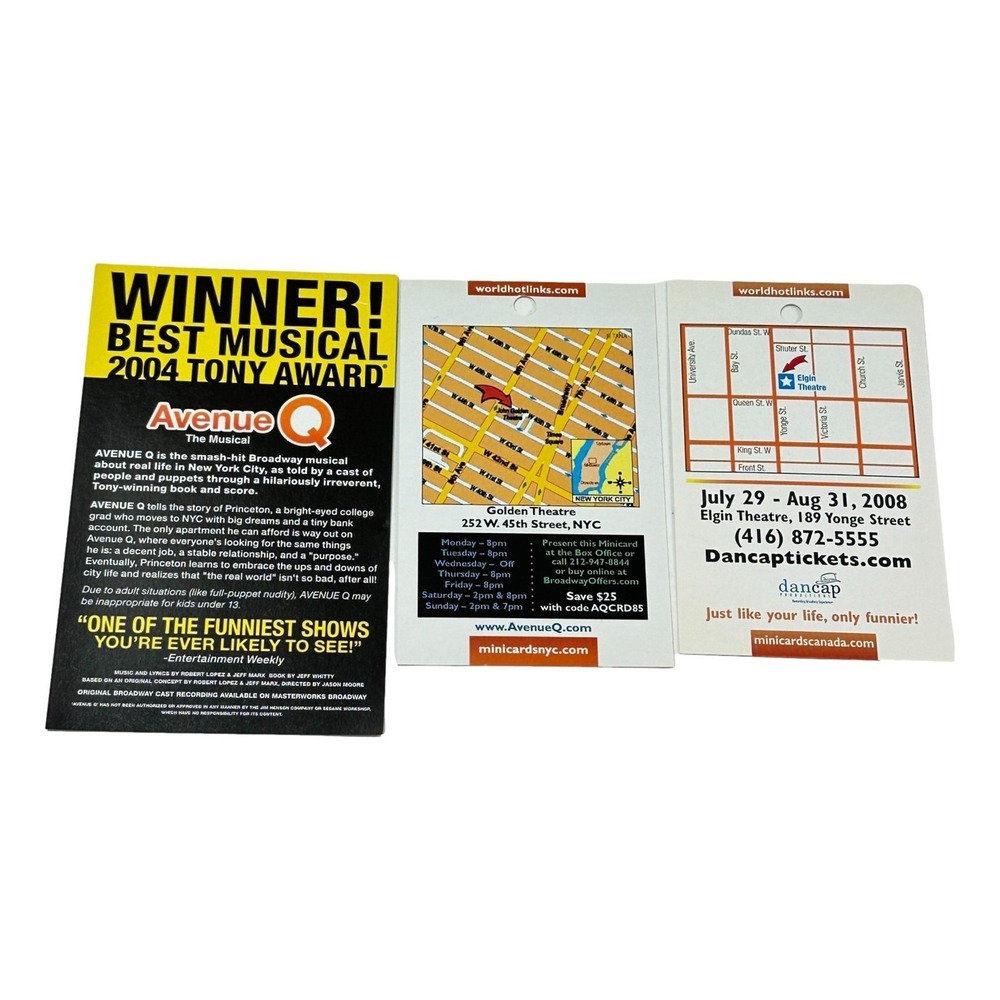 Broadway Theater Avenue Q Mini Pocket Flyer Lot 3 Golden Elgin Theaters 2008 - Picture 3 of 4
